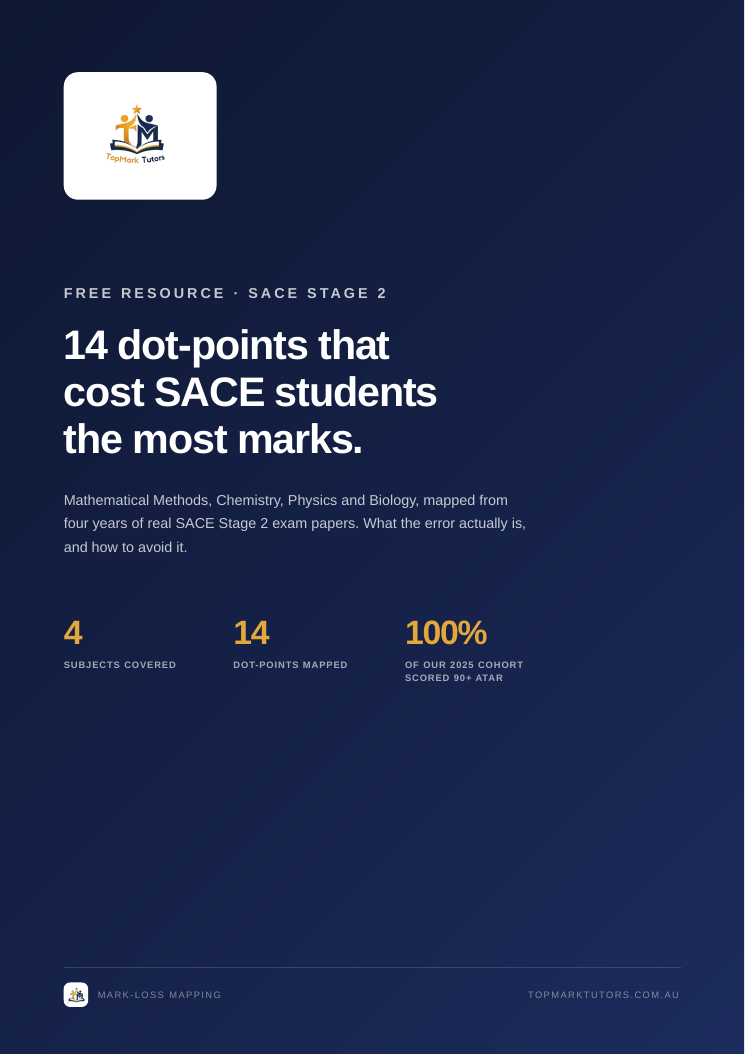 Cover of the free TopMark guide: 14 dot-points that cost SACE students the most marks