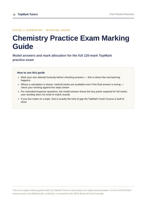 First page of the TopMark Chemistry Marking Guide