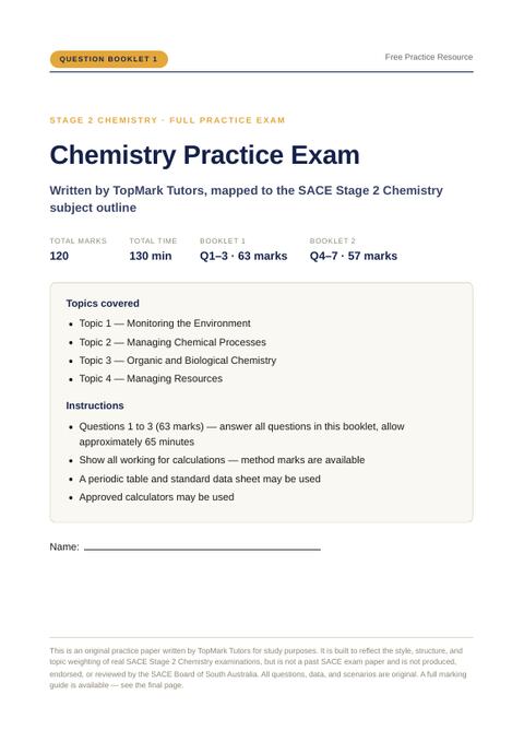 First page of the TopMark Chemistry Practice Exam