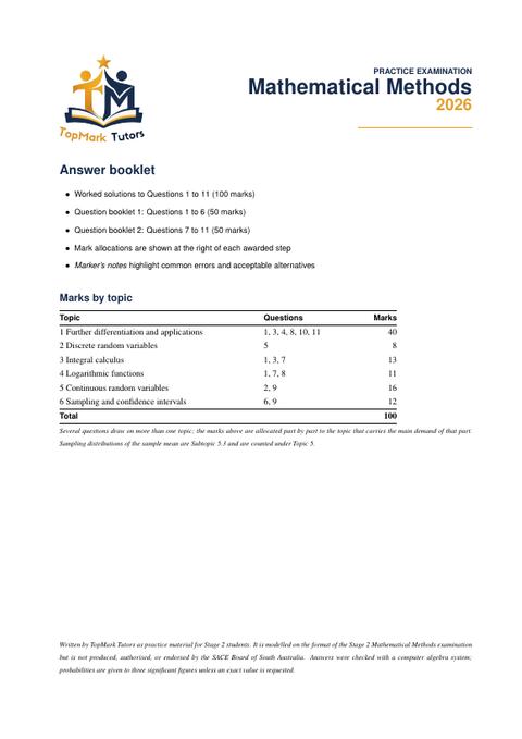 First page of the TopMark Mathematical Methods Answer Booklet