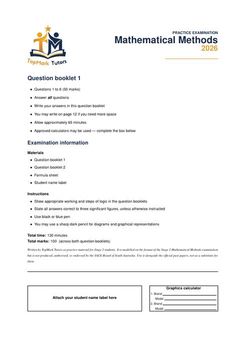 First page of the TopMark Mathematical Methods Practice Exam