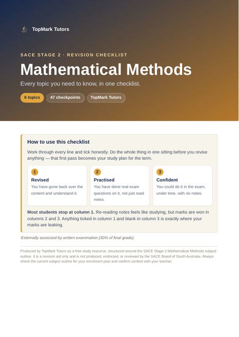 First page of the TopMark Mathematical Methods Checklist